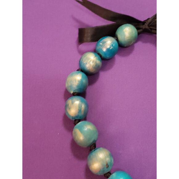 Teal & Gold Colored Large Wooden Beaded Necklace with Black Satin Ribbon - Picture 2 of 10